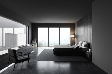 Grey and wooden bedroom with armchair