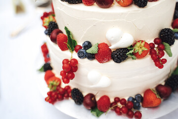 Close up of elegant white wedding cake decorated with various berries at reception