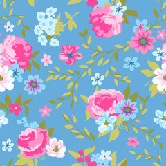 Vector seamless floral pattern with pink roses, peony flowers and branches on blue background