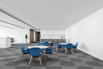 White cafe interior with blue chairs