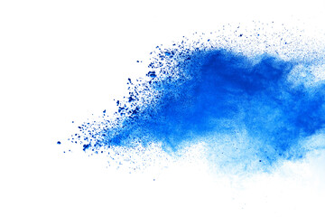 Blue powder particle splash isolated on white  background.