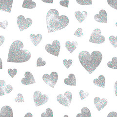 Sparkle seamless pattern with holographic silver glitter hearts on white background