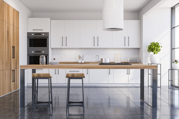 White and wooden kitchen with bar