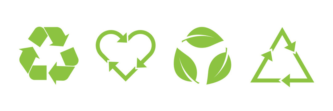 Recycle vector icon set. Arrows, heart and leaf recycle eco green symbol. Rounded angles. Recycled signs illustration isolated on white background.
