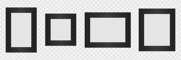 Set Realistic empty frames on transparent background. Collection Black square photo frame empty blank mockup. Vector illustration eps10.