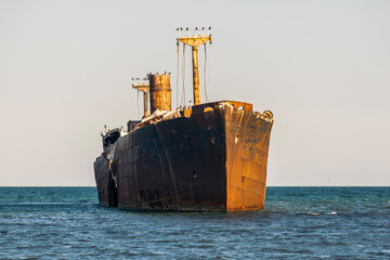 Shipwrecked. Old rusty wreck abandoned in the sea water. The birds made their nests on the wreck