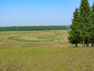 beautiful landscape of the Russian hinterland - vast meadows, forest, rivulets, blue sky