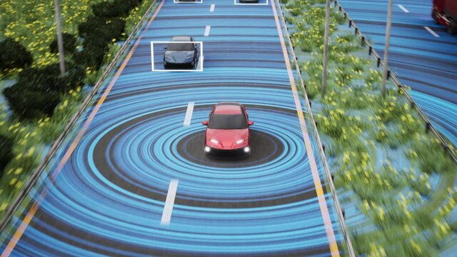 Self driving car on the highway. 3D rendering.