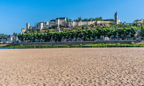 France, Center-Val de Loire, Indre-et-Loire, Royal Fortress of Chinon, f sand and dryed Vienne.