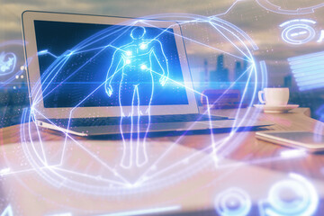 Desktop computer background and education theme drawing. Double exposure. Study concept.