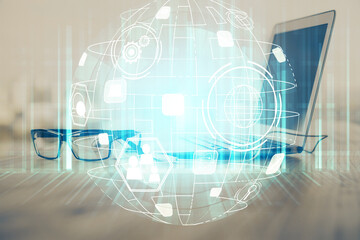 Computer on desktop with social network theme icon. Multi exposure. Concept of international connections.