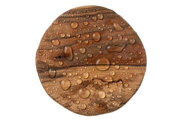 Wooden round frame with dew drops. Isolated