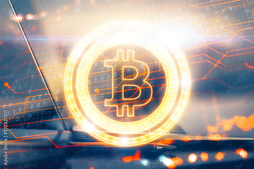 Aufkleber Multi exposure of blockchain theme hologram and table with computer background. Concept of bitcoin crypto currency.