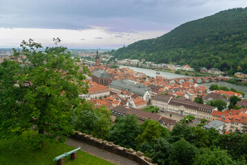 Fototapeta na wymiar Aerial view over Heidelberg and river Neckar with Old Bridge