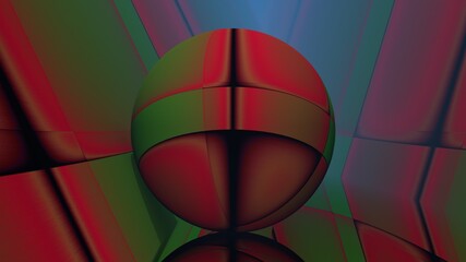 Rendu numérique d'un travail 3D sur une sphère posée dans un décor s'accordant avec ses couleurs.
