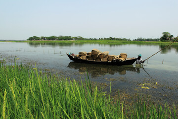 Traditional, Bangladesh boats on the bank of Jamuna the river.. In the delta of rivers Ganga...
