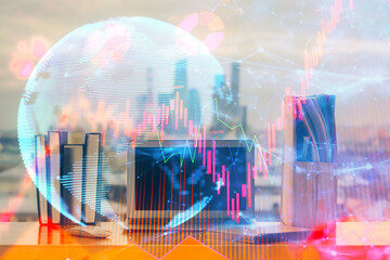 Multi exposure of business theme icons and table with computer background. Concept of success.