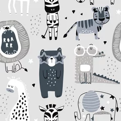 Foto op Plexiglas Olifant Naadloos kinderachtig patroon met schattige beren, tijger, olifant, giraf, zebra, krokodil. Creatieve Scandinavische kinderen textuur voor stof, verpakking, textiel, behang, kleding. vector illustratie
