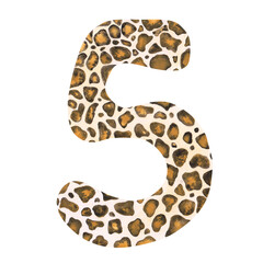 Hand-drawn watercolor number 5 with leopard print isolated on a white background. Bold symbol five with animal pattern for birthday party and other events. Cute jaguar letter for your design.