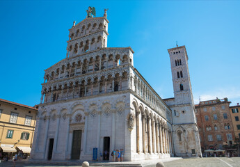 Fototapeta na wymiar San Michele in Foro (translates as Saint Michael in the Forum) in the walled city of Lucca, Tuscany, Italy