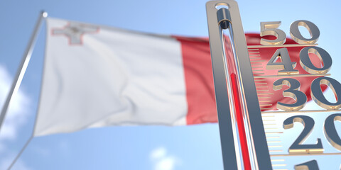 Thermometer shows high air temperature against blurred flag of Malta. Hot weather forecast related 3D rendering