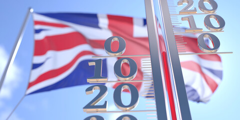 Thermometer shows 0 zero air temperature near waving flag of Great Britain. Weather forecast conceptual 3D rendering