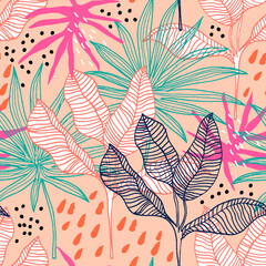 Seamless tropical pattern with hand drawn plants, leaves. Jungle summer background. Perfect for fabric design, wallpaper, apparel. Vector illustration