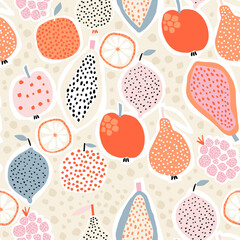 Seamless exotic pattern with creative fruits, papaya,apple, lemon, oranges,raspberry, pears. Abstract summer fruit background. Great for fabric, textile, apparel. Vector illustration