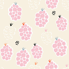 Seamless fruit pattern with creative raspberries. Abstract summer fruit background. Great for fabric, textile, apparel. Vector illustration