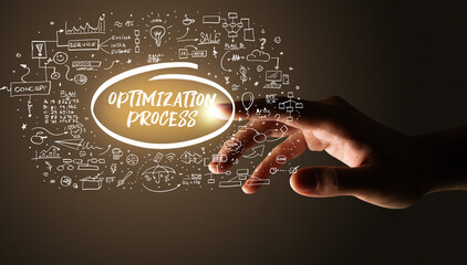 Hand touching OPTIMIZATION PROCESS inscription, hand drawn icons around, business plan concept