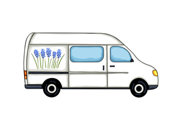White van with picture of blue muscari flowers. Isolated on white background. Vector Illustration. 