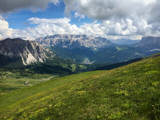 Panoramic view Nature Park Puez Odle – Puez-Geisler and and Sella mountain group.