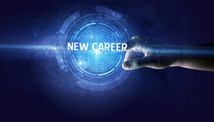 Hand touching NEW CAREER button, modern business technology concept