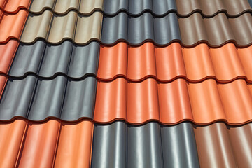 Ein Dach ist mit verschieden farbigen Dachpfannen gedeckt.