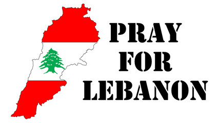 Fototapeta premium Vector illustration with the map and flag of Lebanon and the Pray for Lebanon text to express support for the Beirut and country on a white background