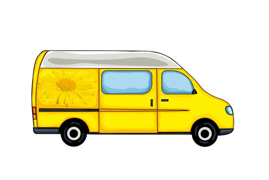 Yellow van with picture of yellow spring flower. Isolated on white background. Vector Illustration. 