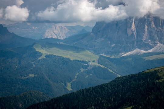 Start area of Saslong alpine Ski World Cup Downhill race seen from Seceda mountain.