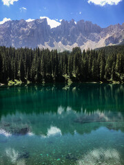 Scenic view of Carezza Lake - Lago di Carezza - Karersee, South Tyrol, Italy.