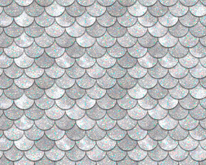 Seamless mermaid geometric pattern with silver holographic glitter scales on white background - 370333728