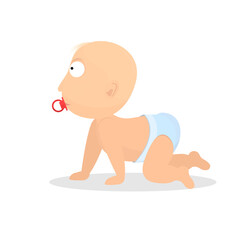 Baby with a pacifier. Crawling baby, vector illustration