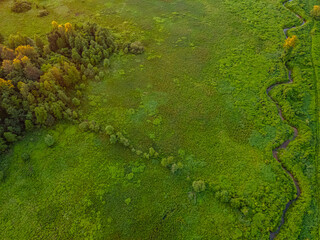 aerial view of a glade with meandering creek