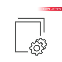 Documents processing thin line vector icon. Paper document with cogwheel or gear symbol, outline, editable stroke.