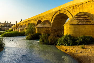 Naklejka premium The arches and buttresses of the Roman bridge of Cordoba, Spain illuminated by the evening sun