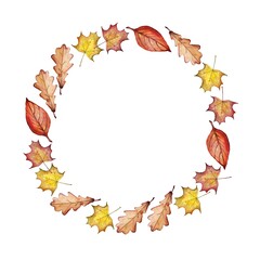 Falling leaves wreath on white background. Watercolour illustration with place for save date, text, photo. Fall, autumn, Thanksgiving Design element for invitation, banner, card, t-shirt, prints.