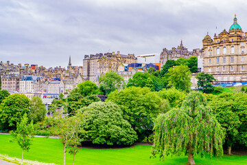 Wide angled view of the famous Princes Street gardens in Edinburgh Scotland