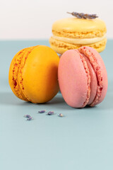Cake macaron or macaroon on turquoise background from above, colorful almond cookies, pastel colors, vintage card