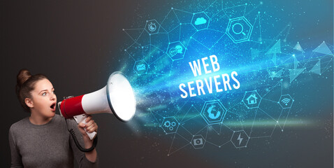 Young woman shouting in megaphone with WEB SERVERS inscription, Modern technology announcement concept