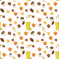 Beautiful card with various drawings on the autumn theme, painted with watercolors. Close-up, view from above