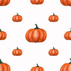 Bright picture with the image of painted pumpkin. Close-up, view from above, no people. Watercolor paint. Concept of delicious and healthy food