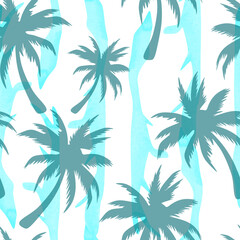 Fototapeta na wymiar palm trees seamless pattern on abstract blue and white background